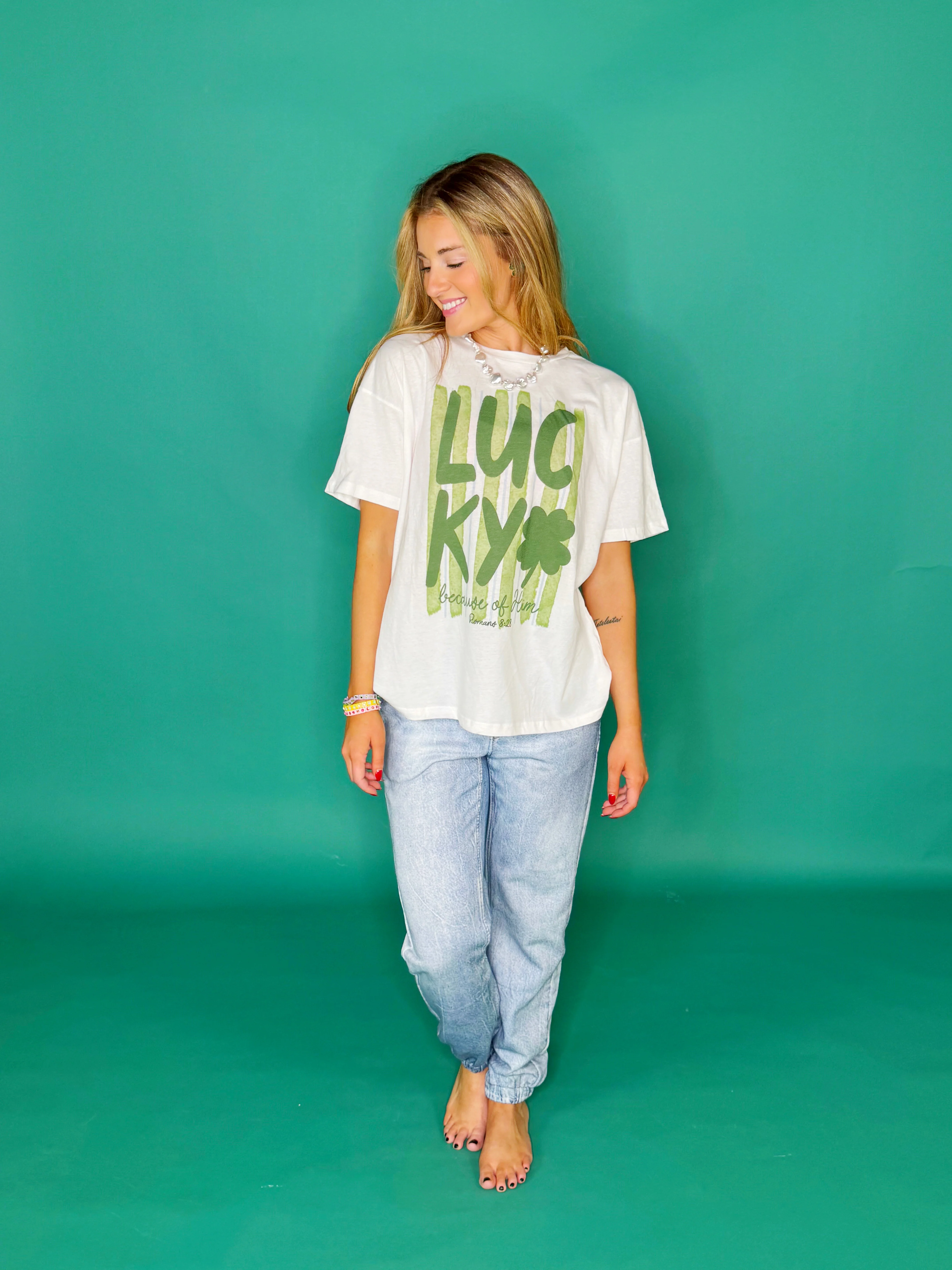 Lucky Because of Him Poppy & Pine Tee