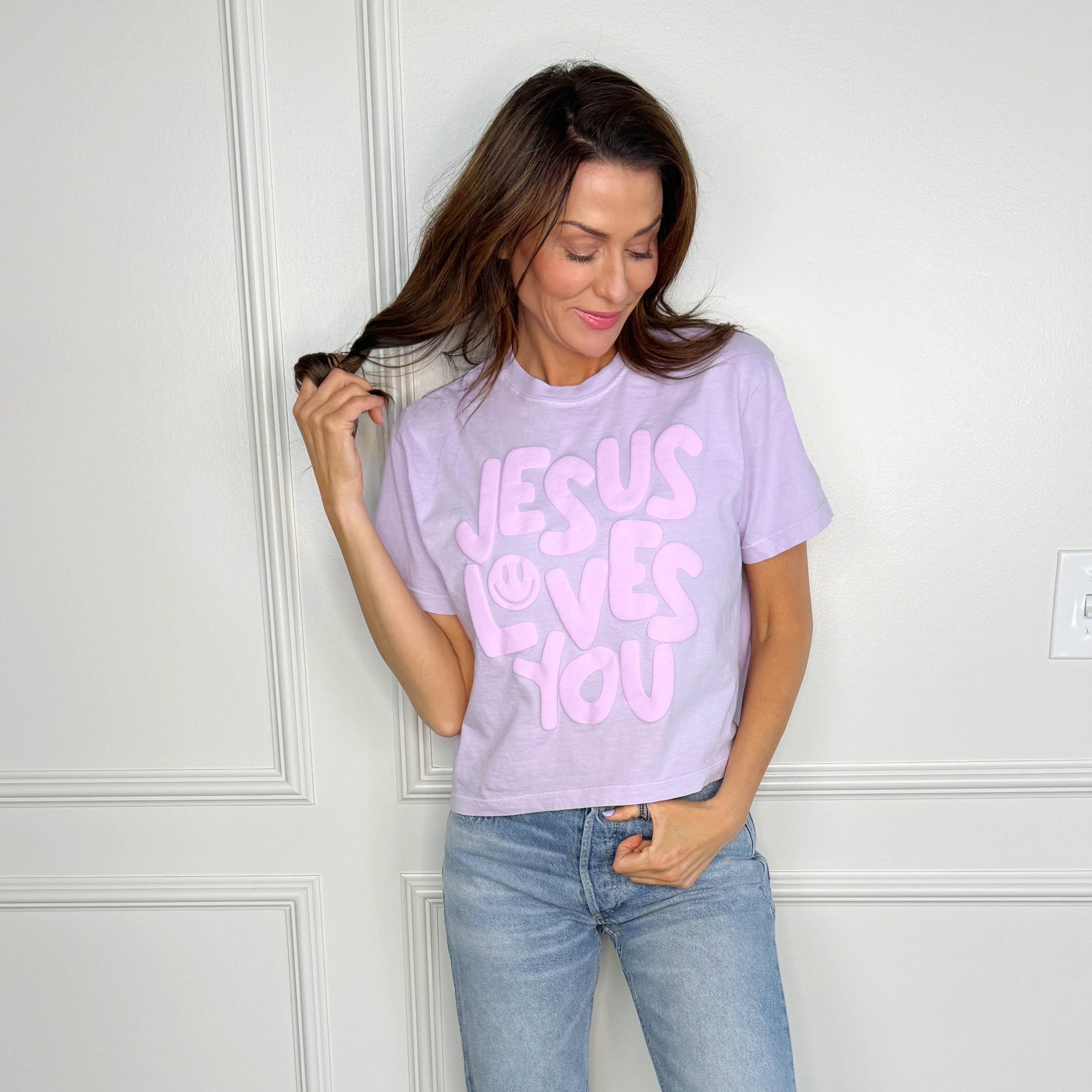 Smiley Jesus Loves You Puff Cropped Tee - Image 3