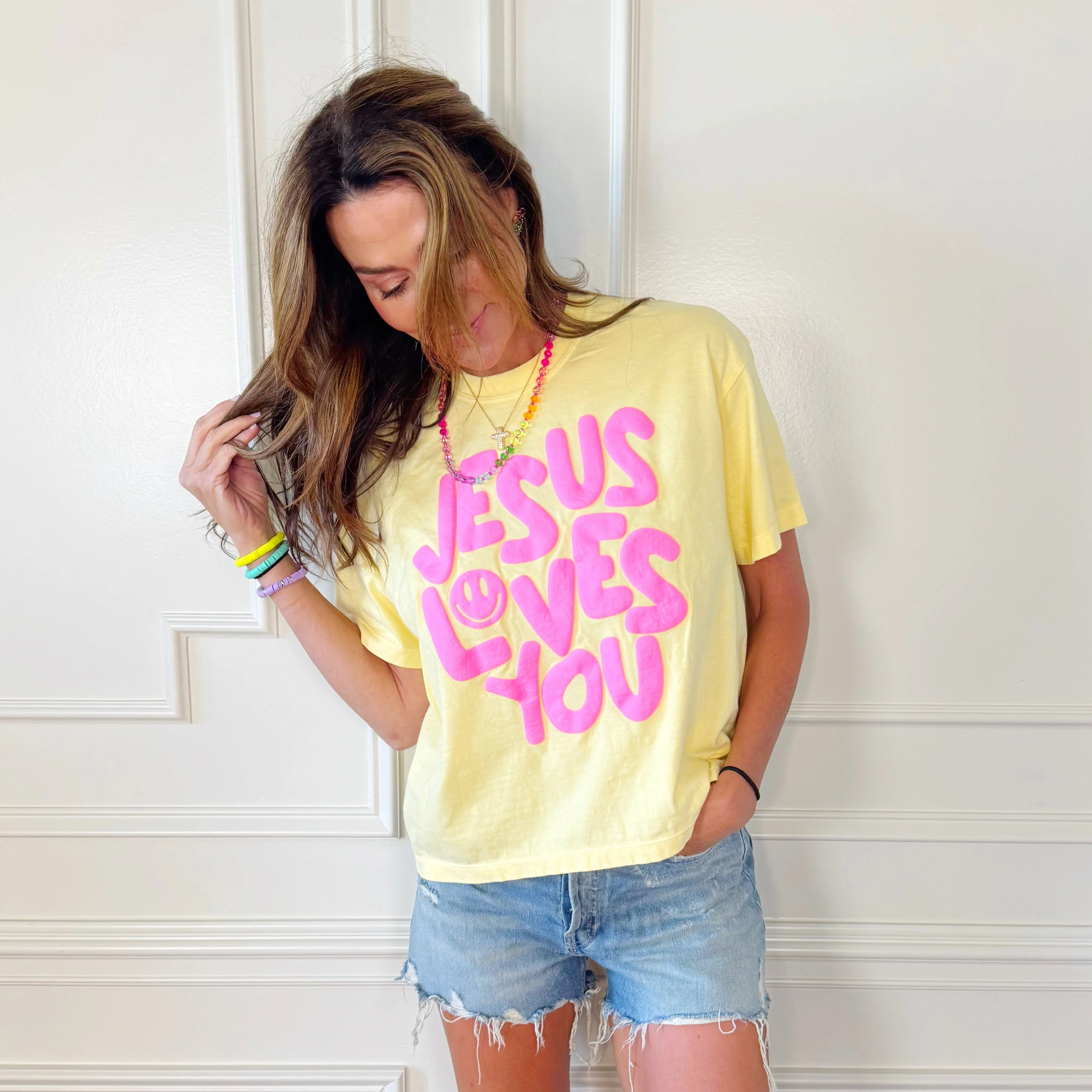 Smiley Jesus Loves You Puff Cropped Tee - Image 4