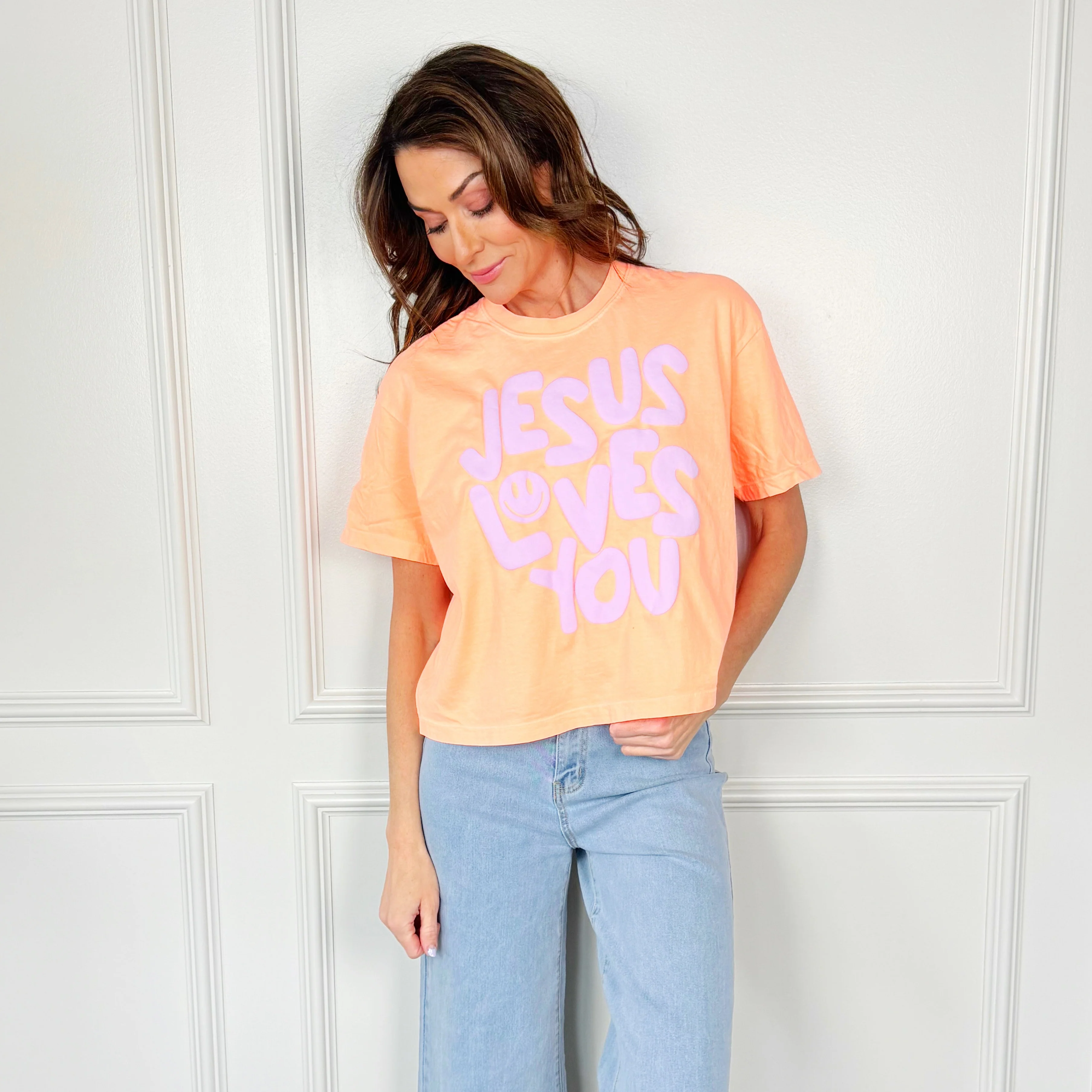 Smiley Jesus Loves You Puff Cropped Tee - Image 6