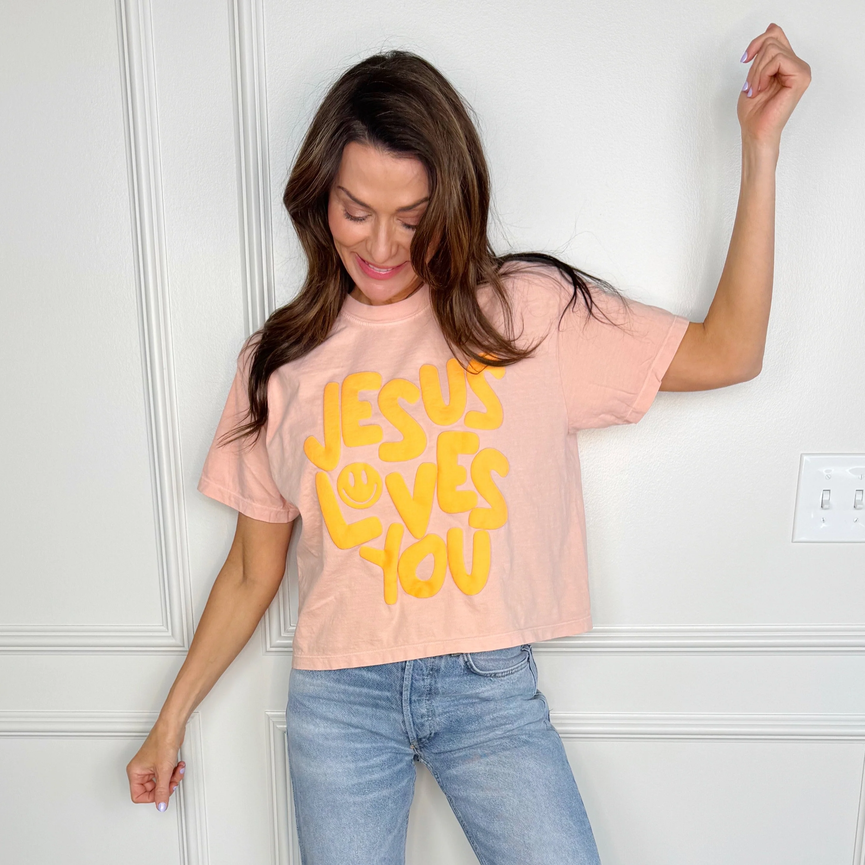 Smiley Jesus Loves You Puff Cropped Tee - Image 7